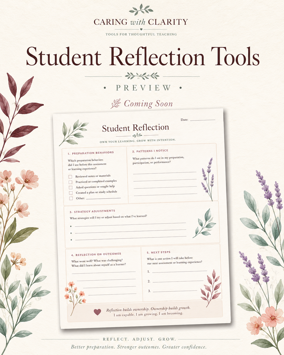 Promotional graphic for 'Student Reflection Tools' by Caring with Clarity, featuring a sample reflection sheet surrounded by illustrated flowers and leaves.
