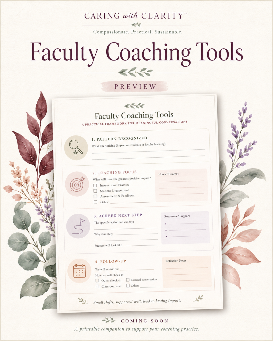 Preview of a printable coaching tools worksheet titled "Faculty Coaching Tools" with sections for recognizing patterns, coaching focus, next steps, and follow-up, decorated with watercolor floral illustrations.