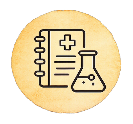 Icon of a medical notebook with a cross and a lab flask, on a round beige background.
