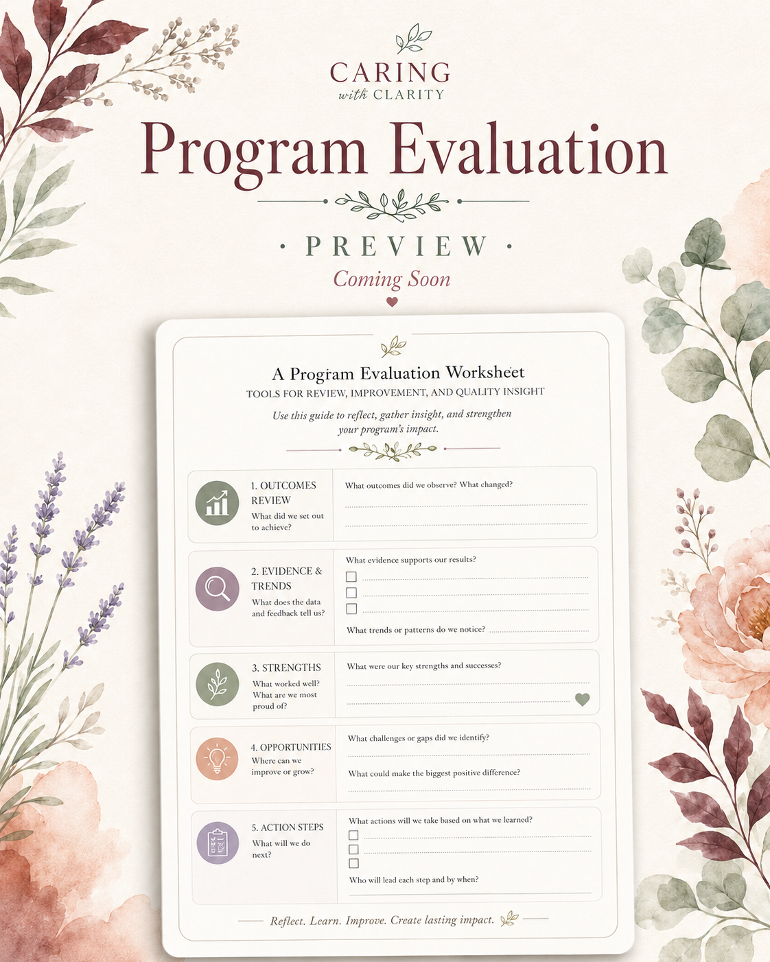 A decorative poster titled 'Caring with Clarity' featuring a preview of a program evaluation worksheet with floral illustrations around the edges.
