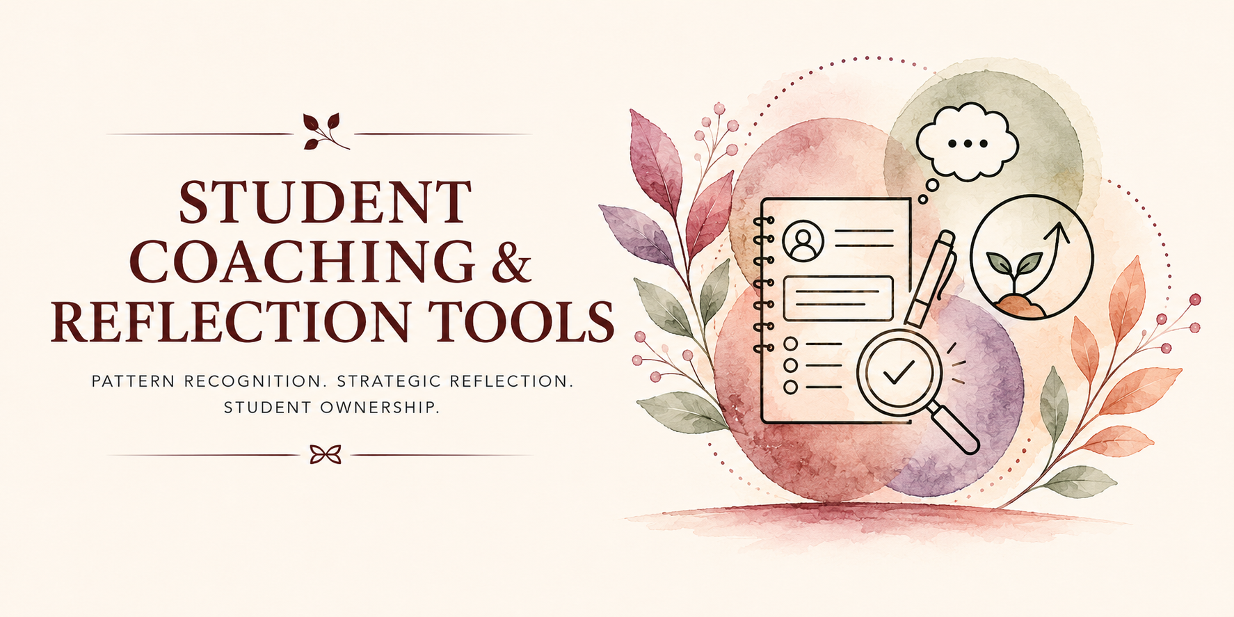 Illustration of a notebook, magnifying glass, checkmark, and a growing plant, surrounded by watercolor leaves and circles, with text "Student Coaching & Reflection Tools" and additional descriptions.