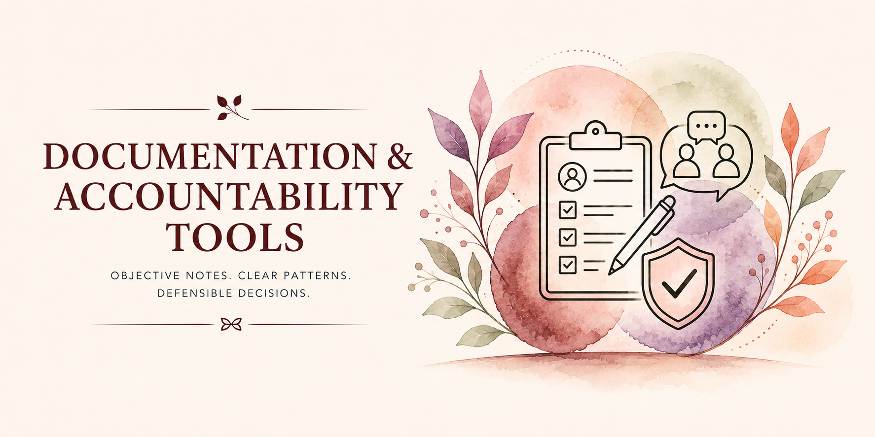 Title slide with the text 'Documentation & Accountability Tools' and a subtitle 'Objective notes, clear patterns, defensible decisions'. Decorative watercolor background with leaves and line art icons of a clipboard, checklist, pen, speech bubble, and shield with checkmark.