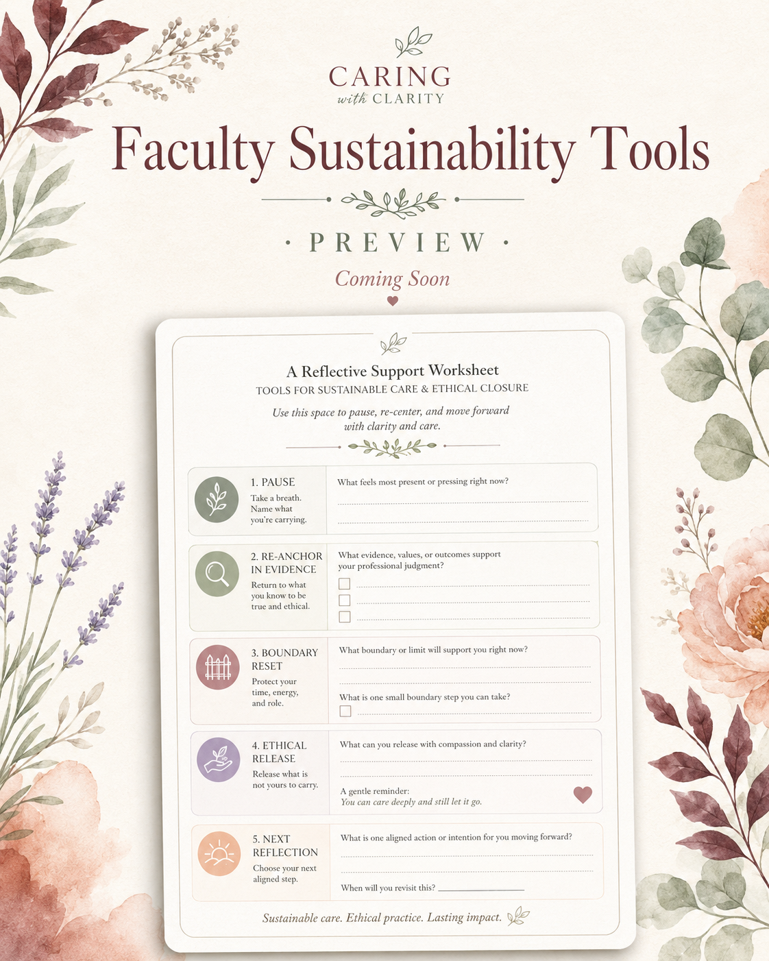 A promotional flyer for Faculty Sustainability Tools with a floral design and a reflective support worksheet.