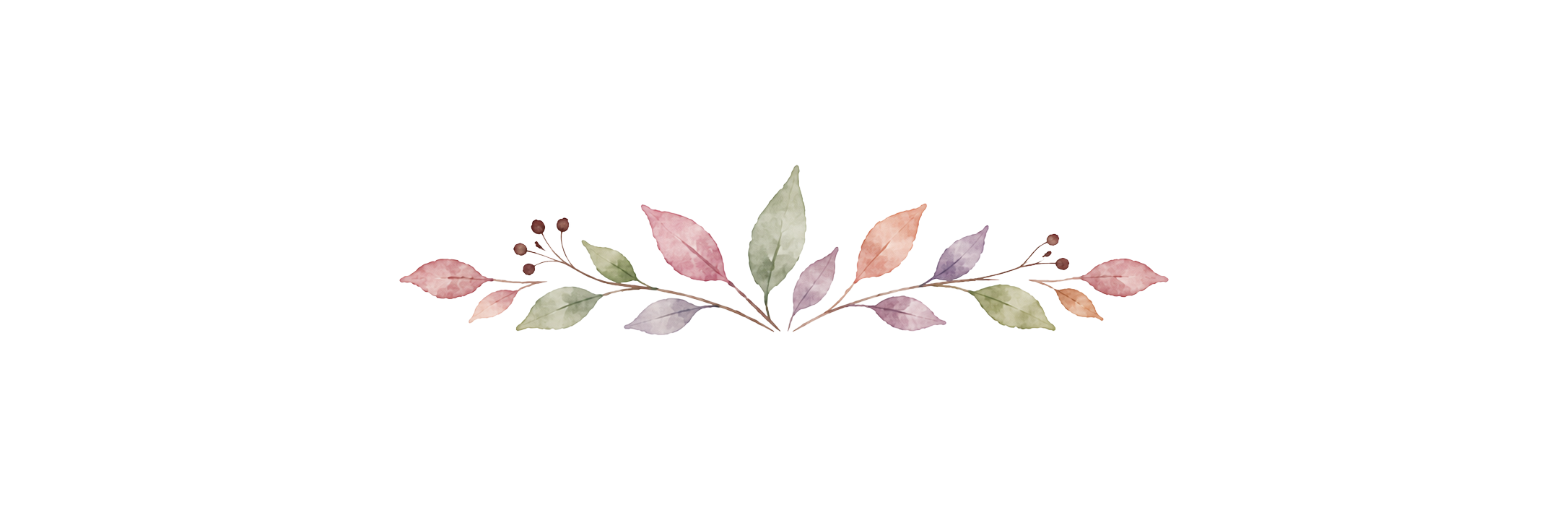Decorative floral border with watercolor leaves and small berries in pastel shades on a transparent background.