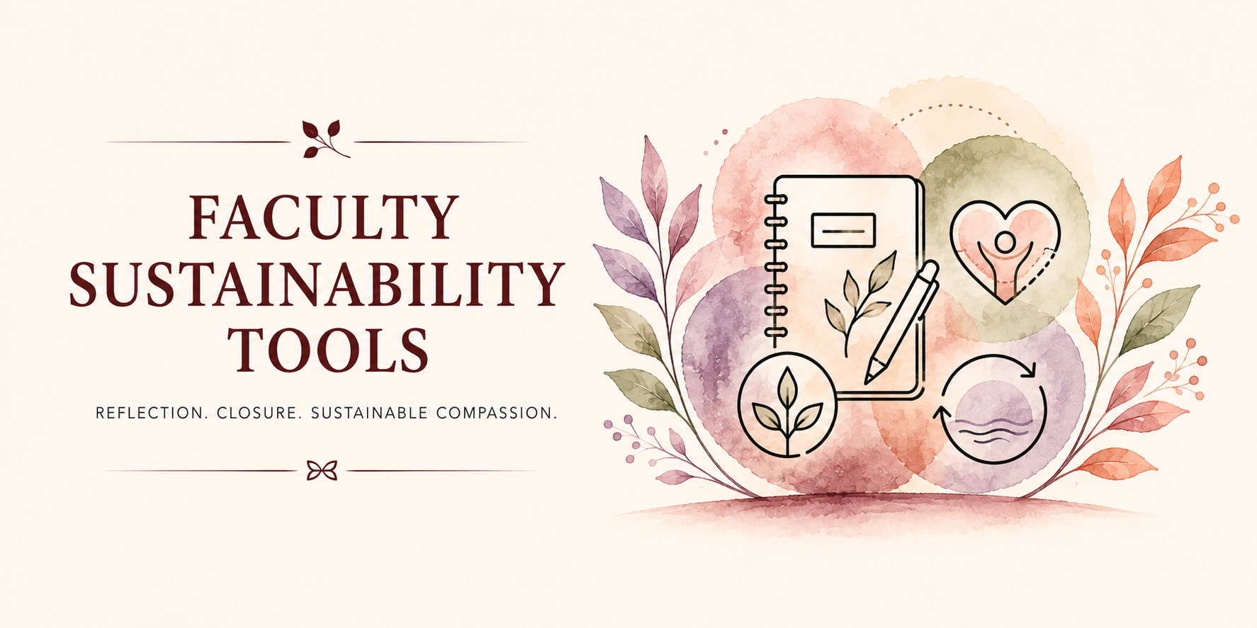 A digital graphic promoting faculty sustainability tools with watercolor background, illustrated leaves, a notebook, pen, and icons representing growth, reflection, and water conservation.