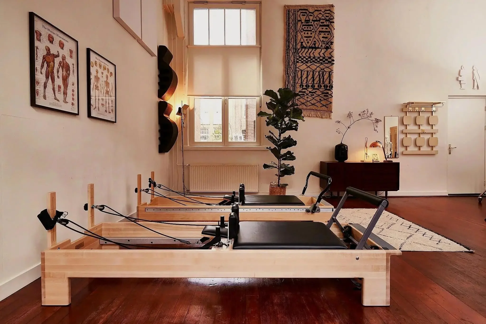 Reformers in the sunlit Pilates studio near Westerpark in Amsterdam West