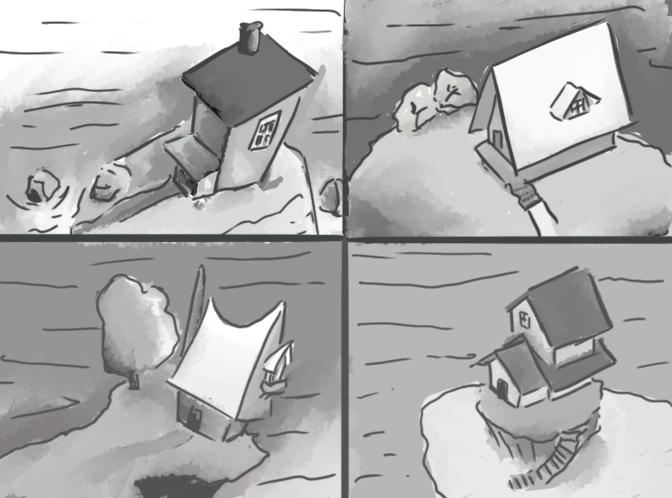 A four-panel illustration of a house built on different small rocky outcrops, each showing various angles including aerial views and side perspectives.