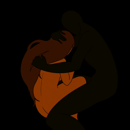 Silhouette of a person hugging a stylized lion with a dark background.