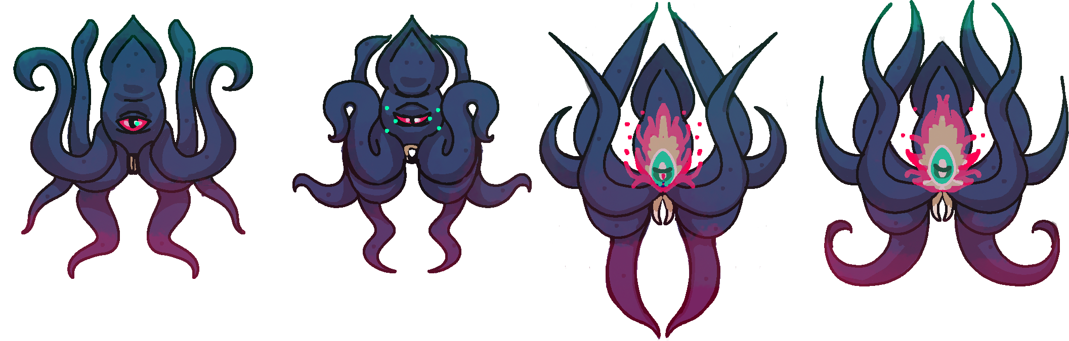 A digital illustration of a symmetrical, dark purple tentacled alien or demon-like creature with glowing green and pink accents, split into four variations with subtle differences in expression and design.