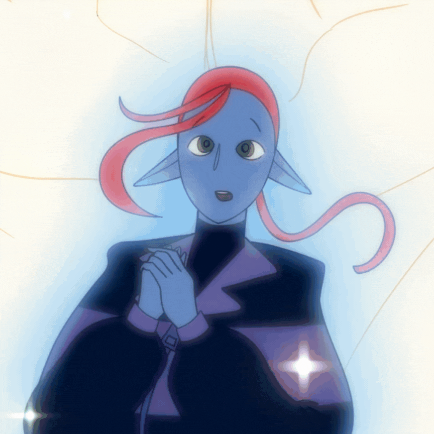 Animated character with blue skin, pink hair, and elf-like ears, lying down with hands clasped, looking upward.
