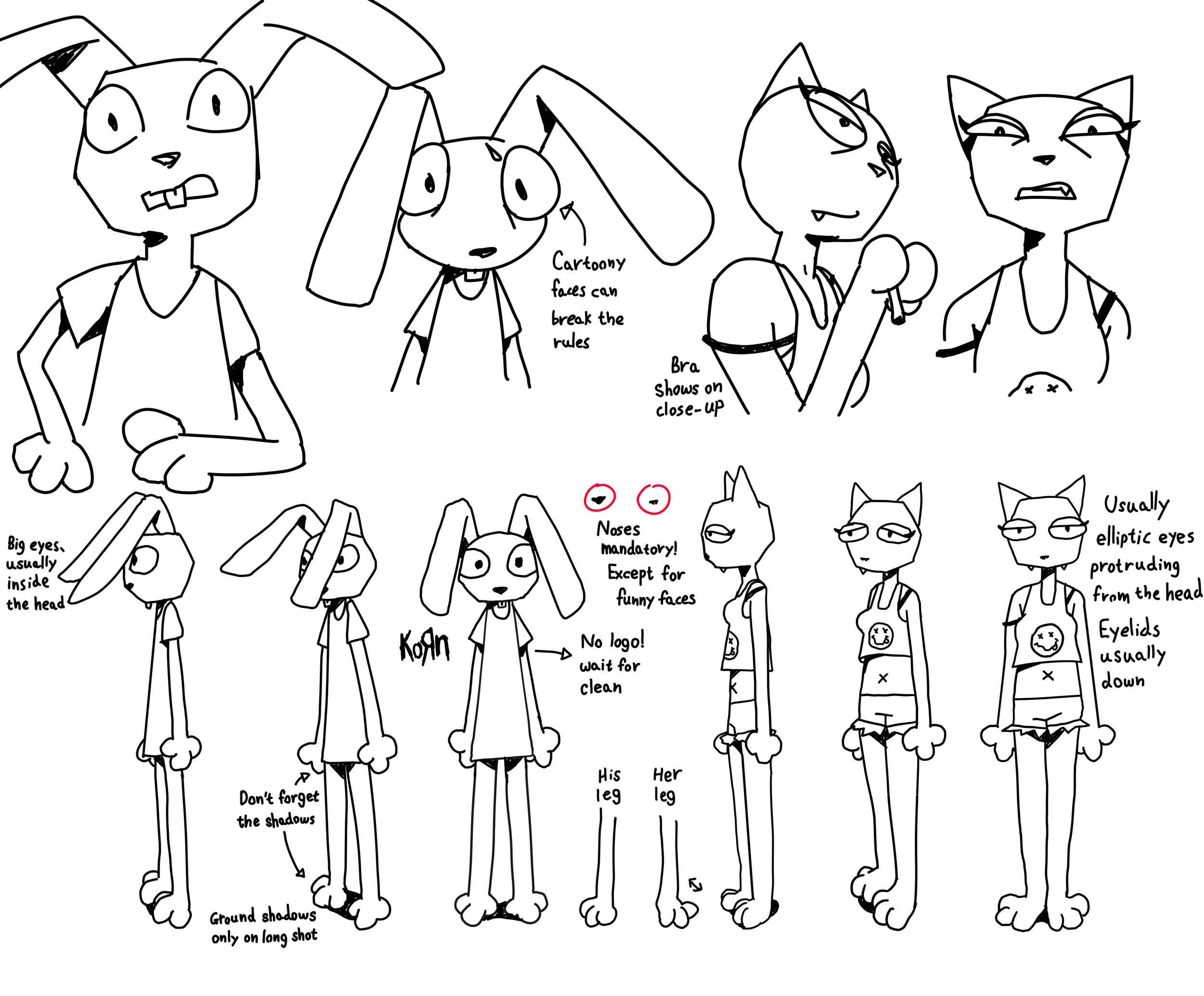 Line drawing of cartoon animal characters with notes on their features and expressions, including eyes, noses, legs, and shadows.