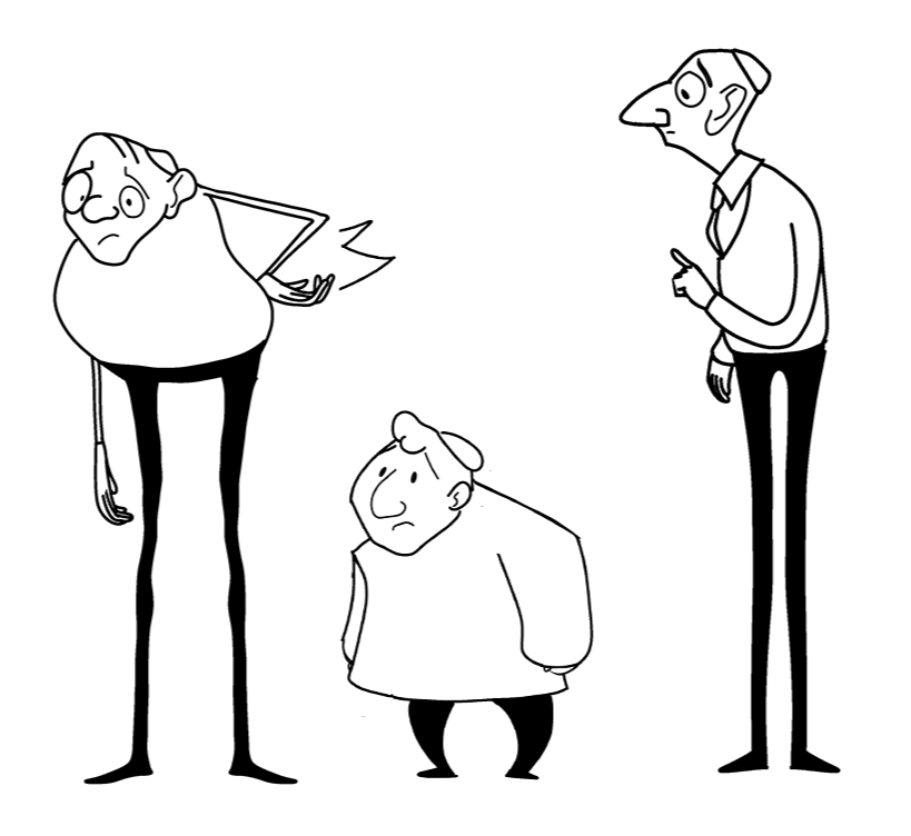 Three cartoon characters with elongated legs, two men and one woman, standing and looking at each other with concerned or puzzled expressions.