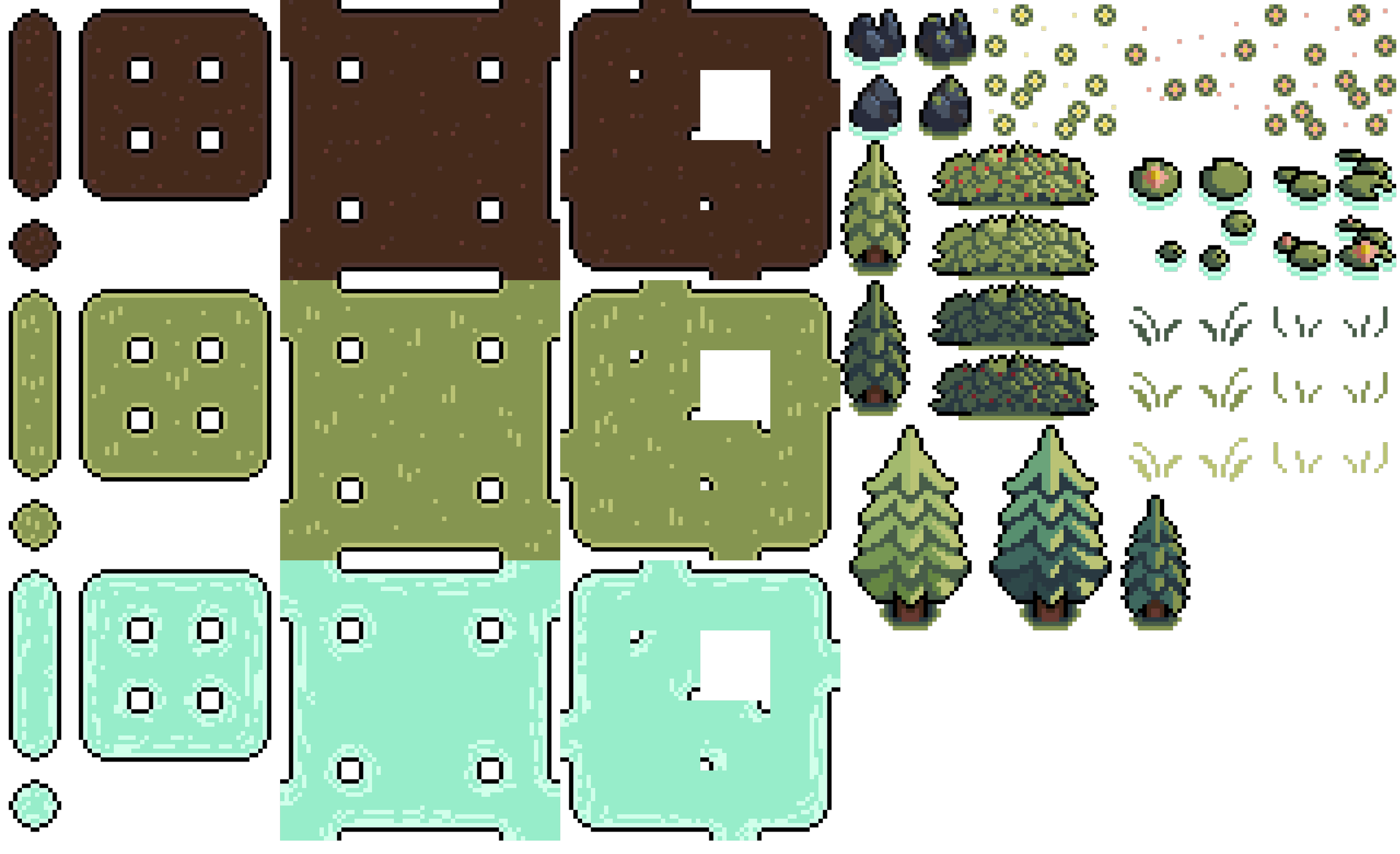 Pixel art outdoor scene with various tiles, trees, and plants arranged in a grid pattern.