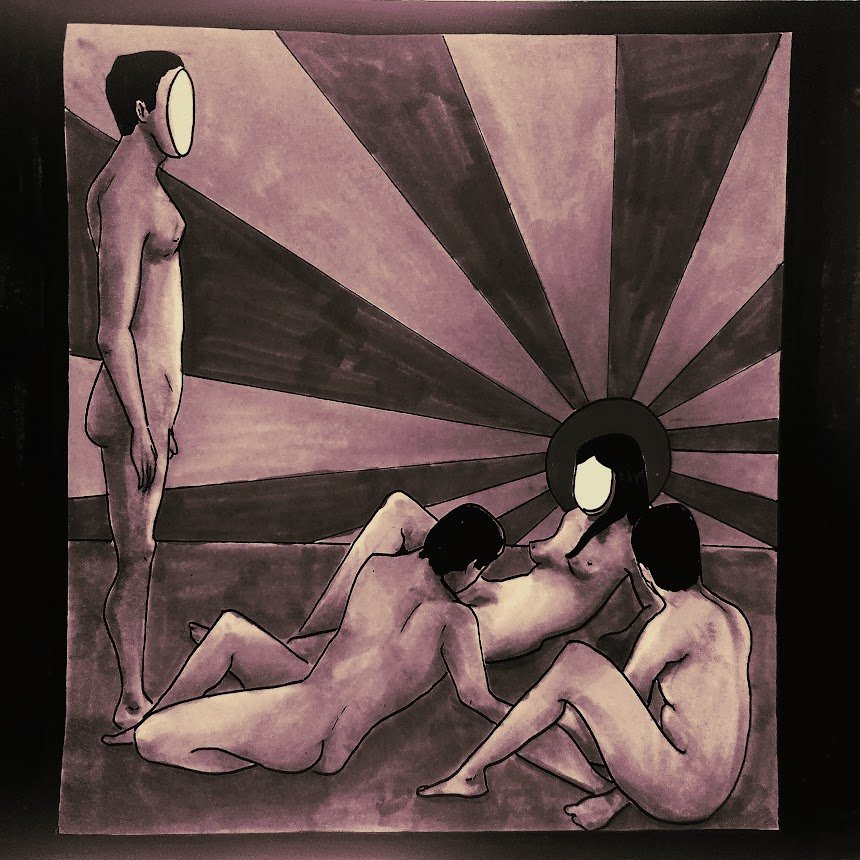 Four faceless nude women with black hair in a surreal purple-toned room. One woman stands on the left, three women are sitting or reclining on the floor, and a circular black object in the background with radiating rays.