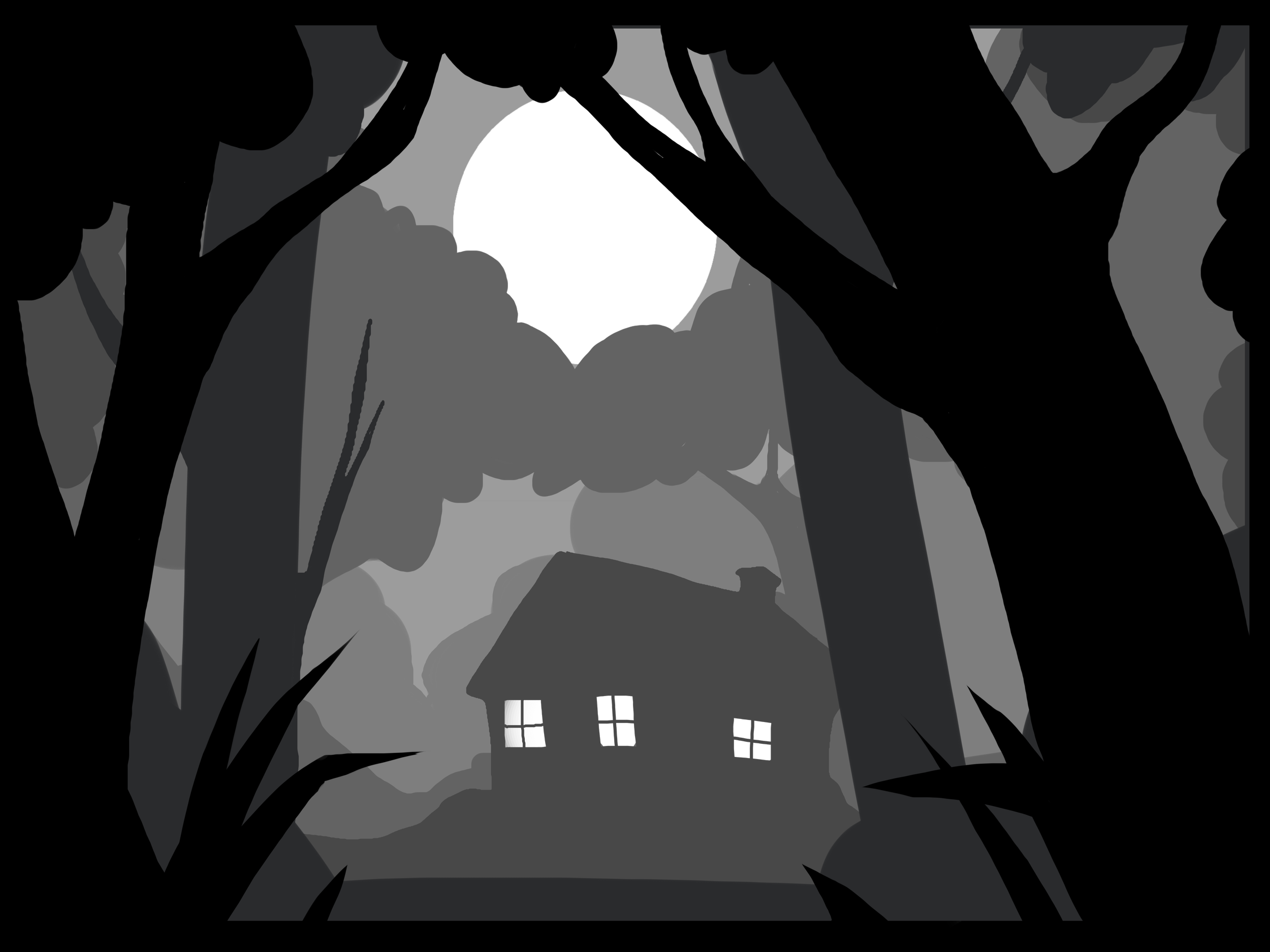A haunted house with dark trees surrounding it in a foggy night scene.