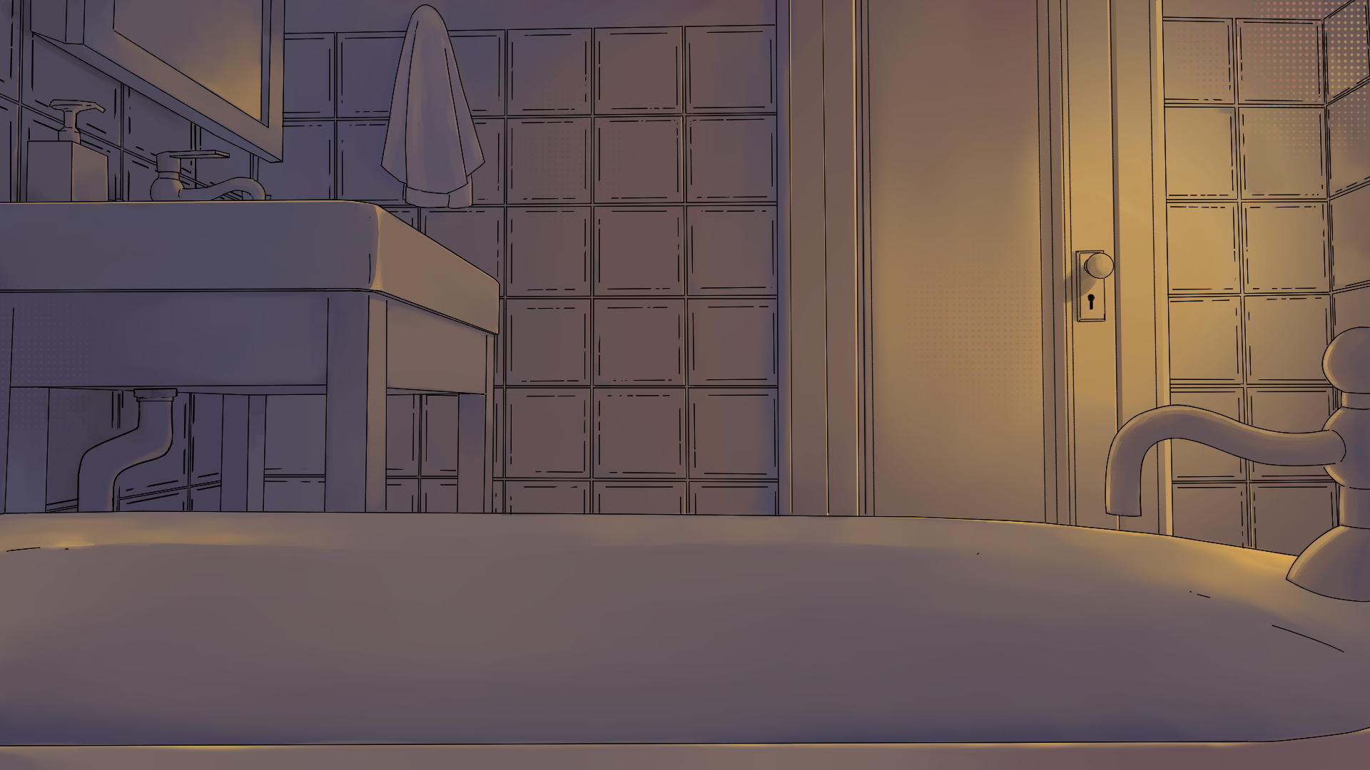 The image depicts a bathroom with tiled walls, a sink with a visible pipe underneath, a mirror, towels hanging on the wall, and a door with a keyhole. The scene is illuminated by warm lighting.
