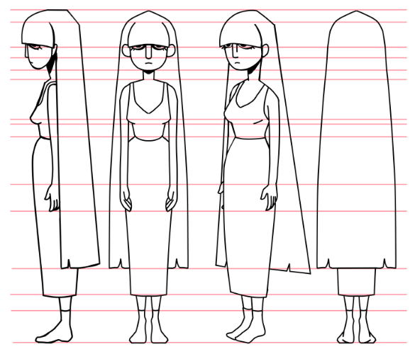 Line drawing of a female character in various poses, with long hair, glasses, and a long skirt, on lined notebook paper.