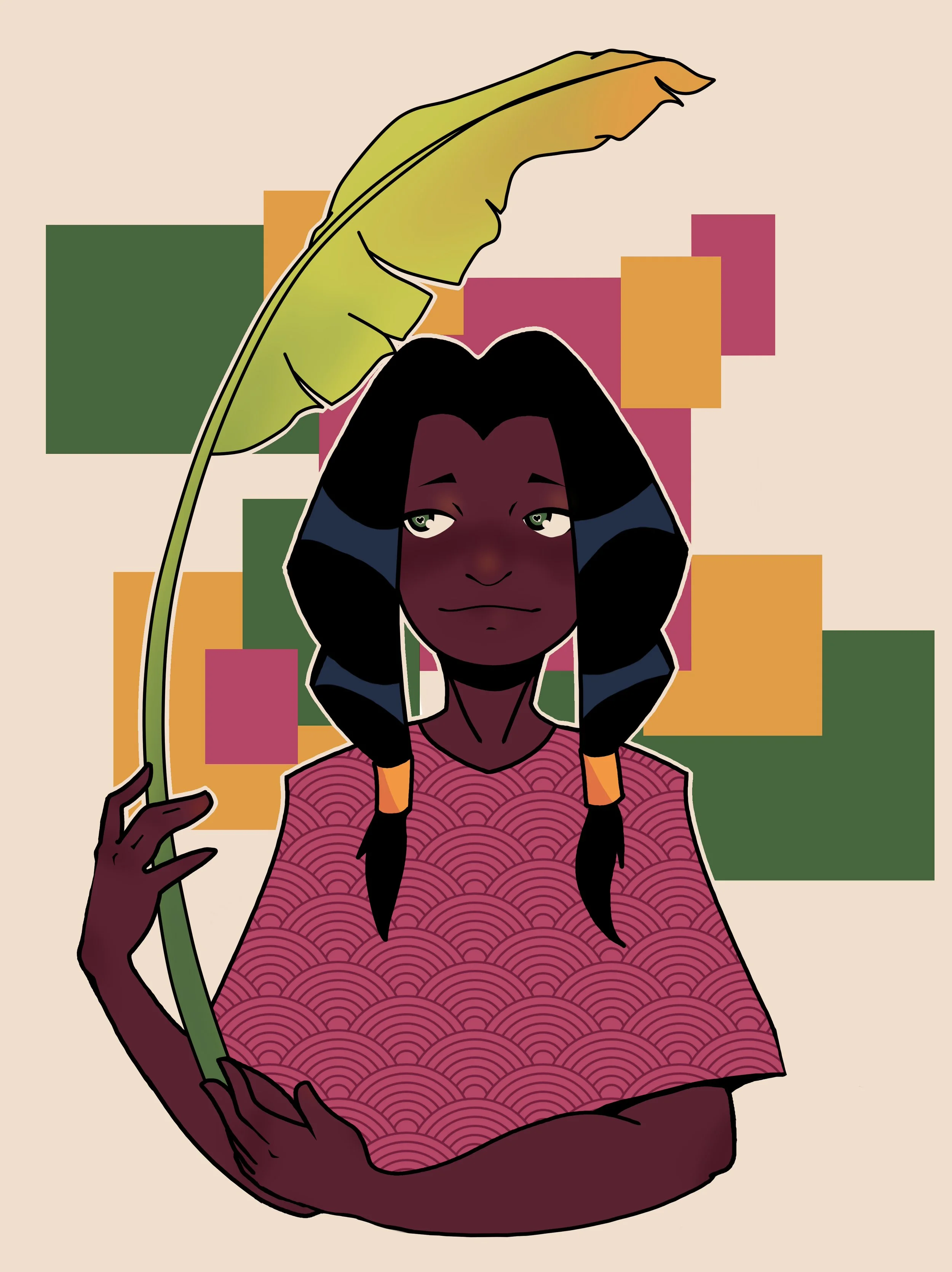 Digital illustration of a woman with dark skin and black and blue hair, holding a leafy branch, with a background of geometric colored squares.