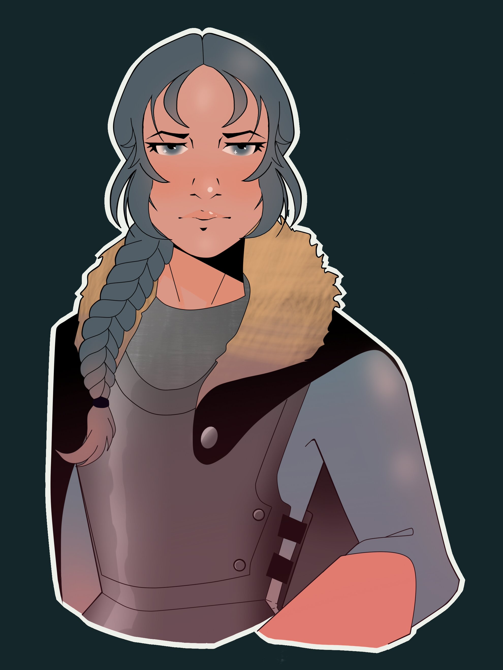 Digital illustration of a female soldier with gray hair, wearing a beige military jacket, holding a gun, with a dark background.