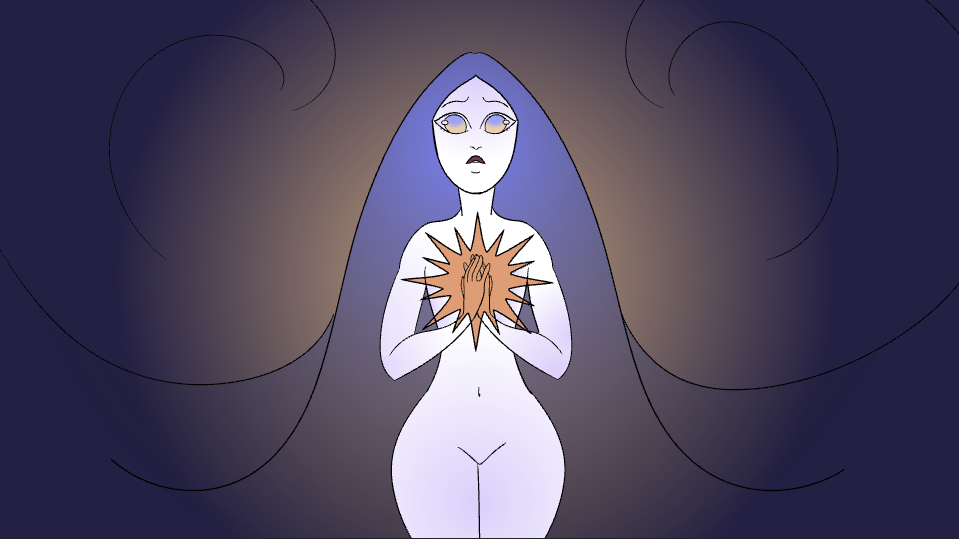 A stylized illustration of a woman with long flowing hair, holding her hands together over her chest with a glowing starburst emanating from her hands, against a dark background.