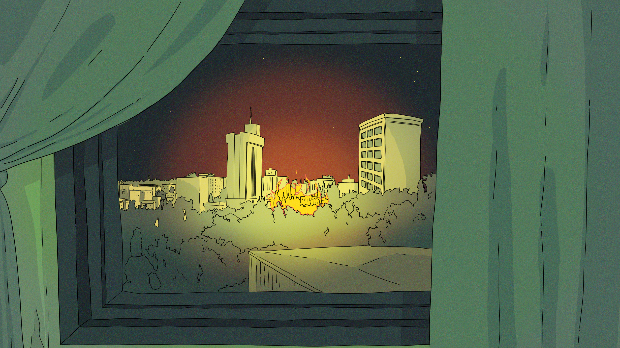 Nighttime city skyline viewed through partially opened window with green curtains.