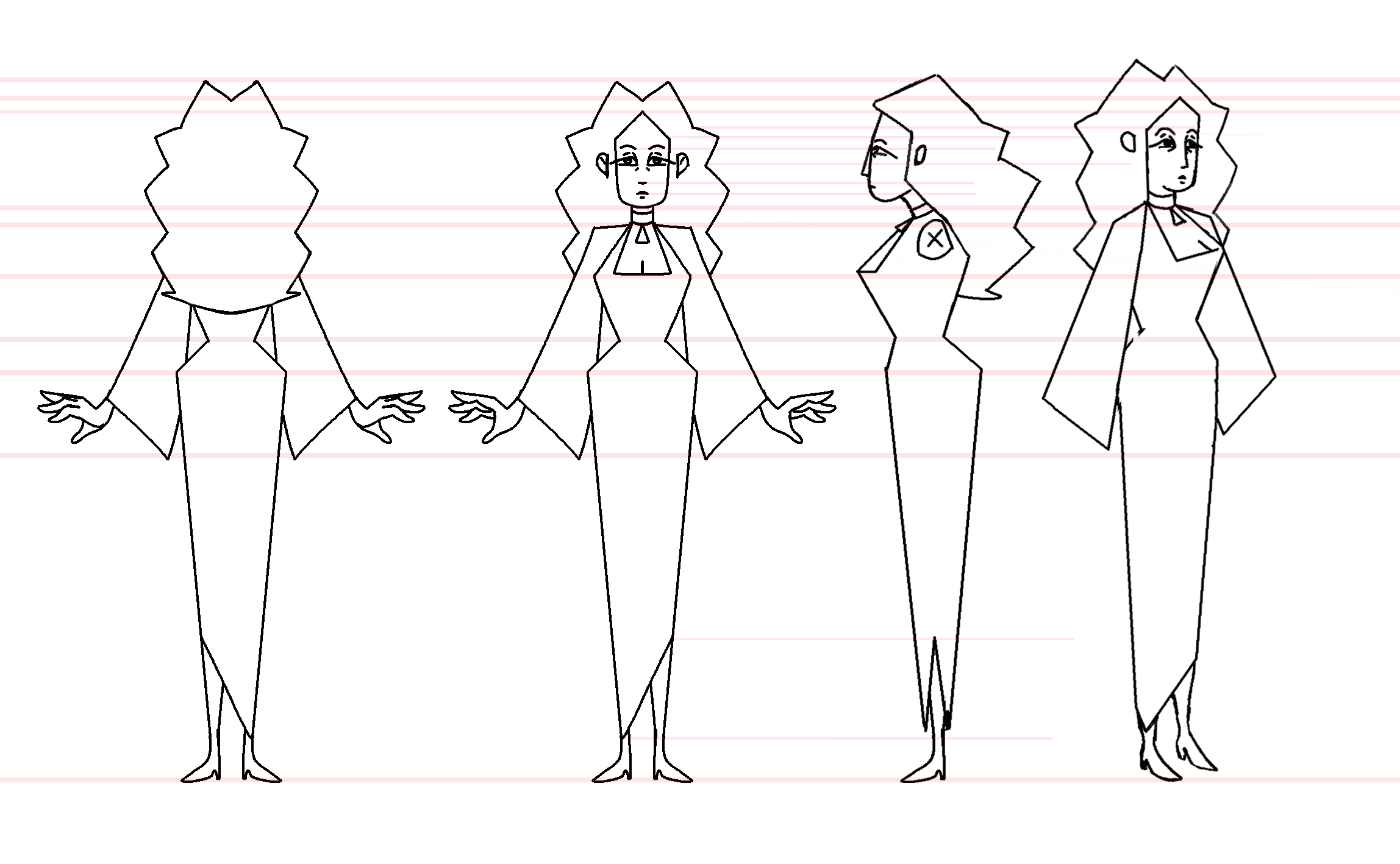 Line art drawing of a woman with long wavy hair, wearing a long dress, shown in front, side, and back views on lined paper.