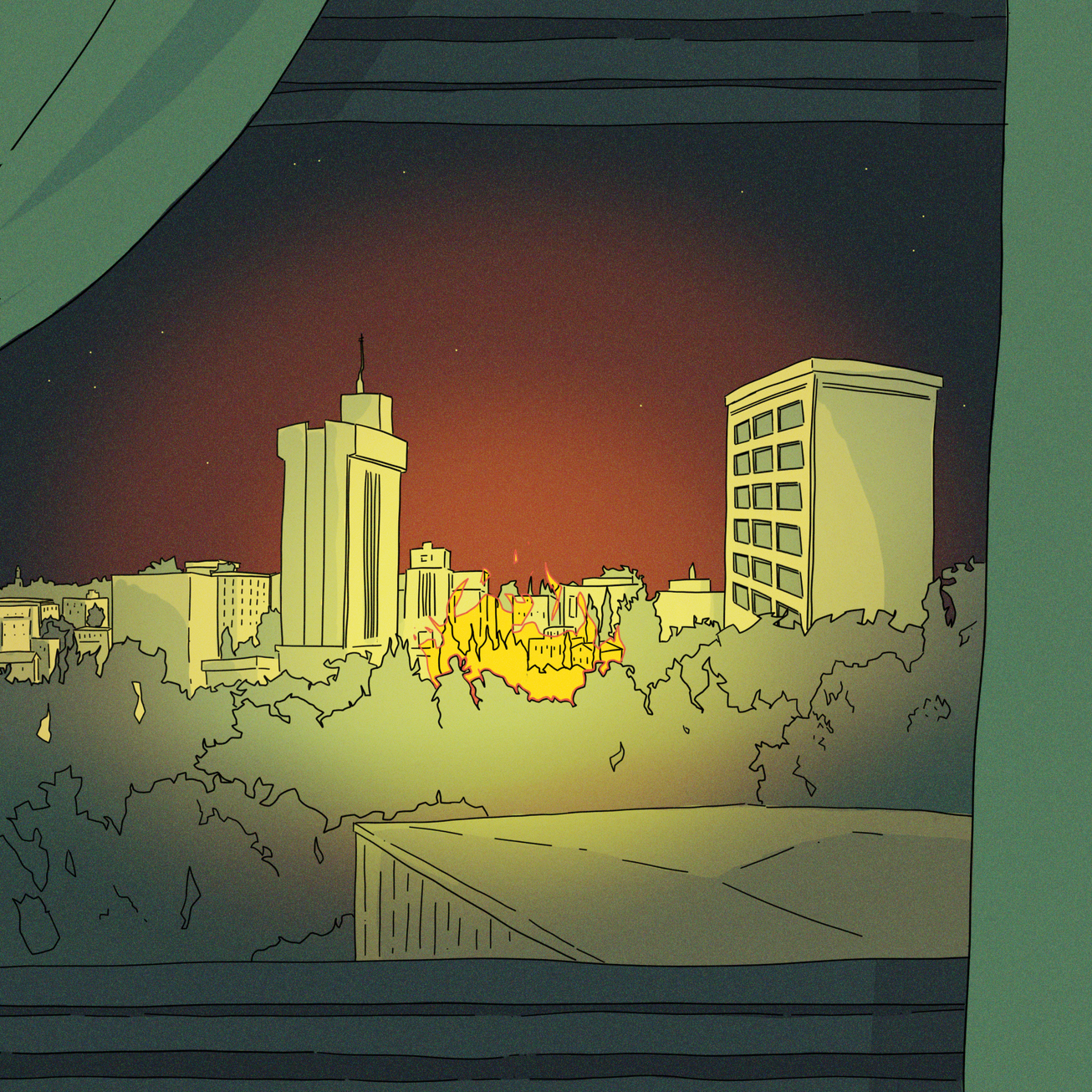 A city skyline at dusk with a large fire burning among trees in the foreground, viewed from a window with curtains partially visible.