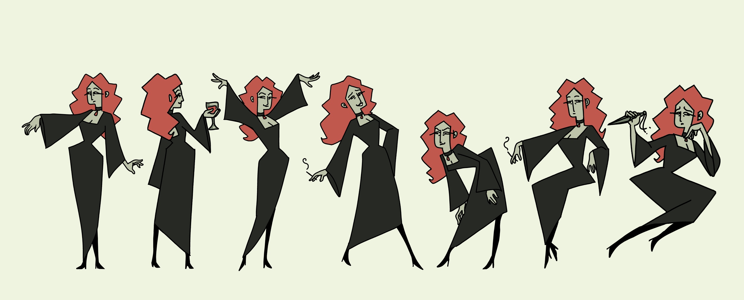 Stylized illustration of a woman with red hair, wearing a black dress, in various poses with different expressions and accessories, holding a wine glass, smoking, and a knife.