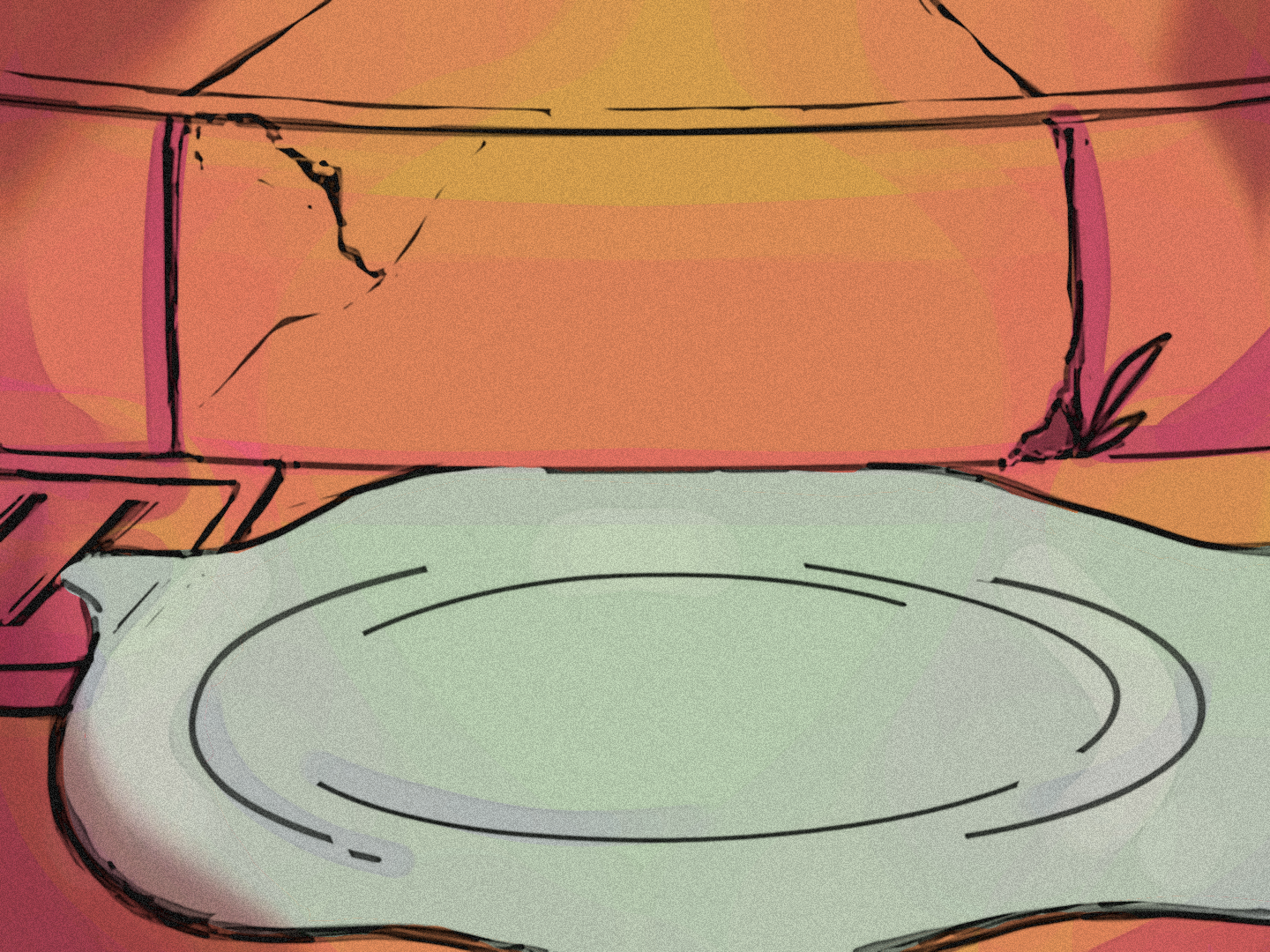 A stylized cartoon illustration of a bathroom sink with a mirror above it. The sink is circular and white, with a simple design. The mirror has a rectangular shape with a pinkish hue and some visible cracks or damage.
