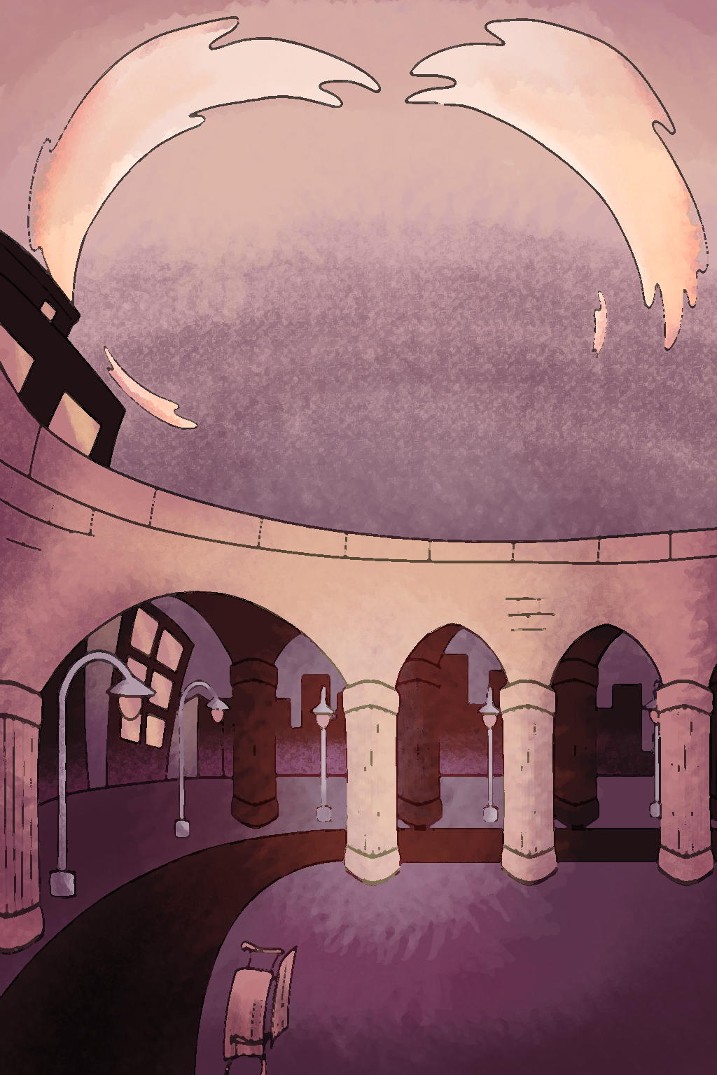 A digitally animated scene inside a large, empty, outdoor amphitheater or arena during dusk or dawn, with a rounded stage and curved seating area, surrounded by columns and street lamps.