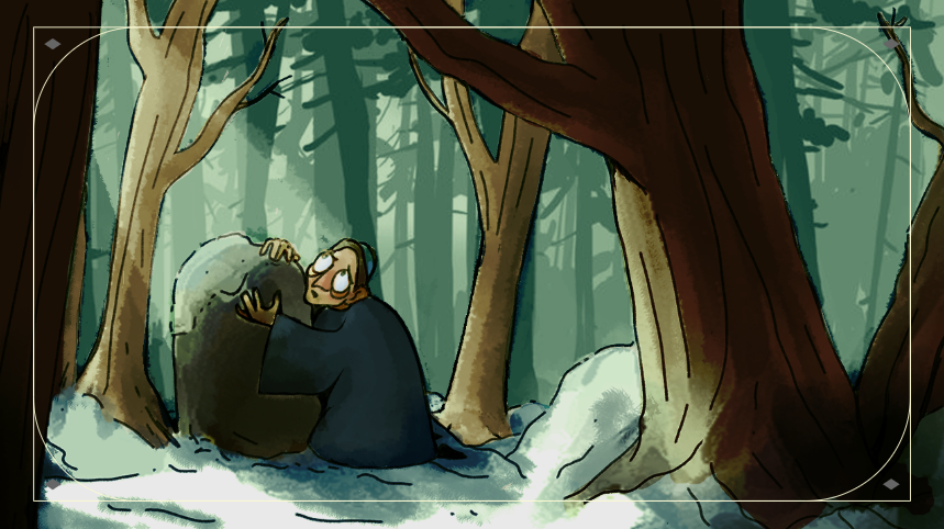 A person with glasses hugging a large stone in a dense forest with tall trees and snow on the ground.