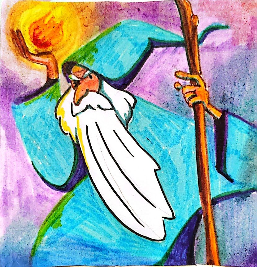 A colorful drawing of a wizard with a long white beard and glasses, wearing a blue robe and purple hat, holding a staff in one hand and a glowing orb in the other.