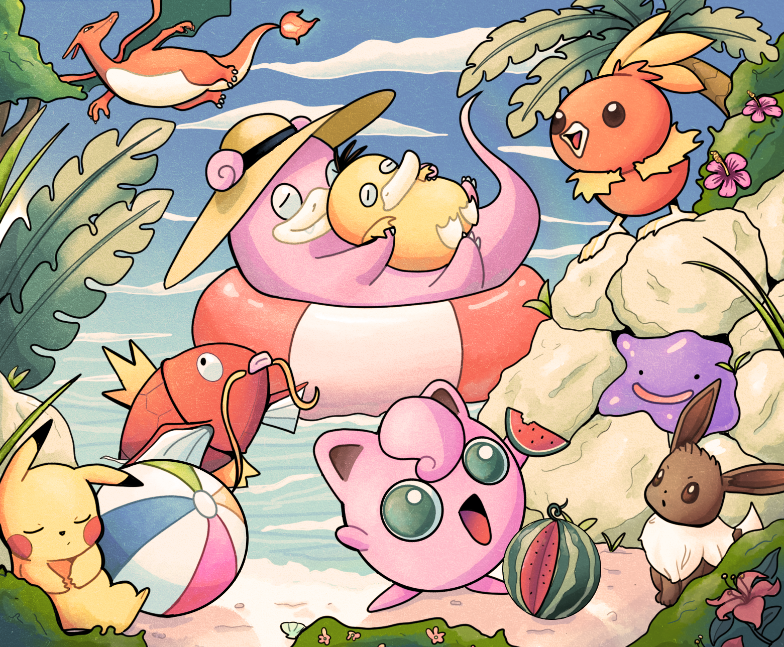 A colorful cartoon scene featuring various Pokémon characters on a beach with rocks, water, and flowers. Pikachu is relaxing, Jigglypuff looks surprised, and other Pokémon are interacting with the environment.