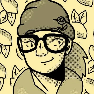 A cartoon illustration of a girl with glasses, wearing a beanie with flowers, surrounded by leaves and apples.