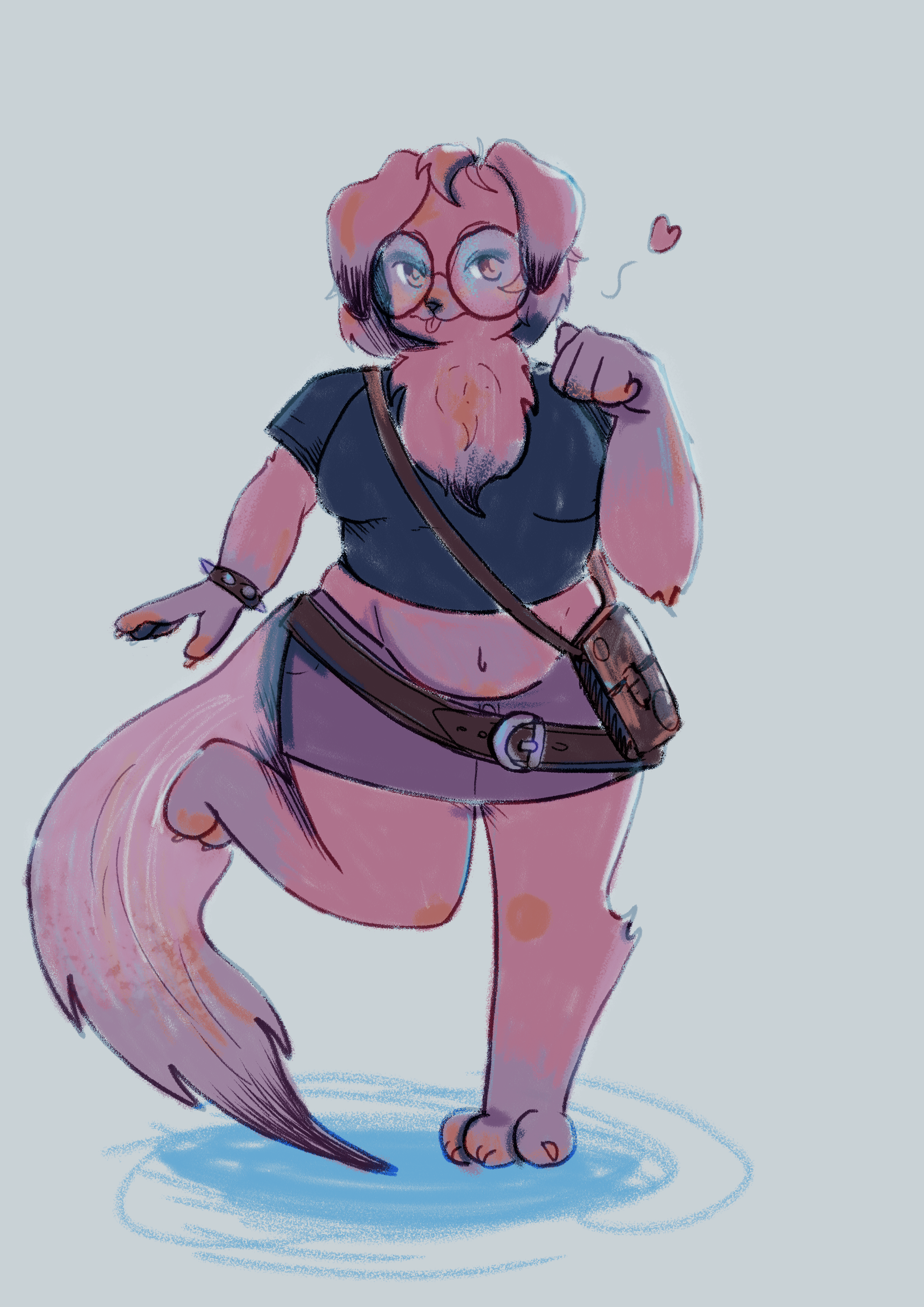 An anthropomorphic dog-like character with glasses, pink fur, a bushy tail, and a beard, wearing a crop top, shorts, and carrying a shoulder bag, standing on the ground.
