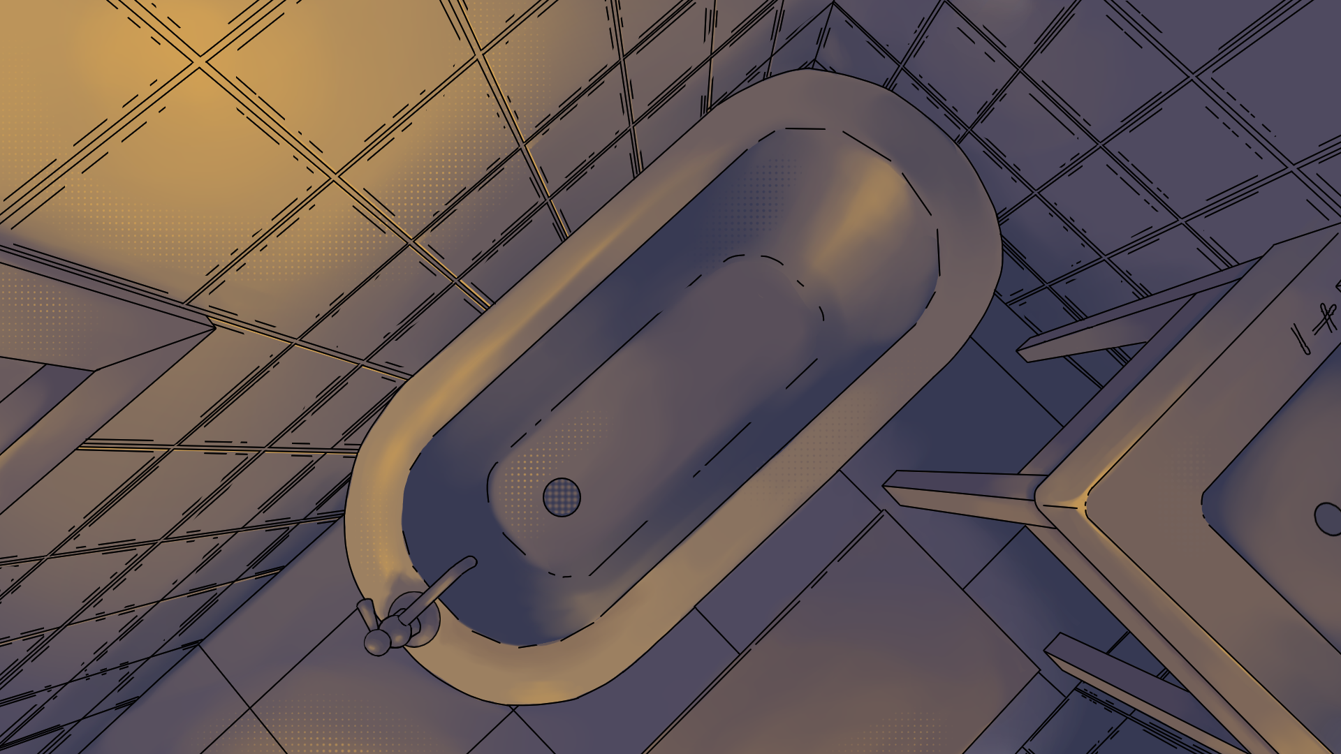 A digital drawing of a bathroom with a bathtub, a toilet, and a sink in a minimalist style, with the bathtub centered and the toilet and sink to the right.