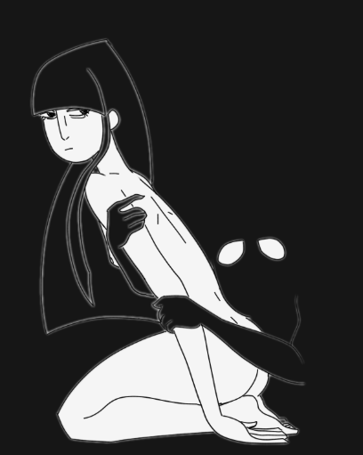 Line drawing of a girl with long hair, wearing gloves, sitting and holding her arm, with a mysterious face expression, on a black background.
