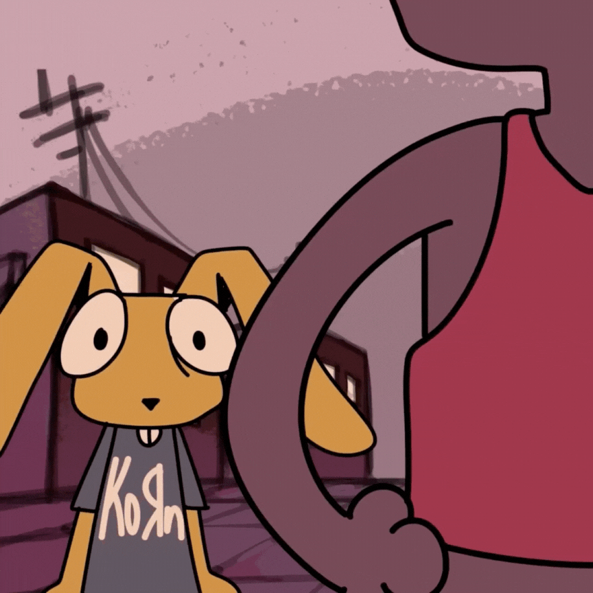 Cartoon dog with long ears and large eyes standing outdoors near a person with a large mug in the foreground, in a suburban setting at dusk.