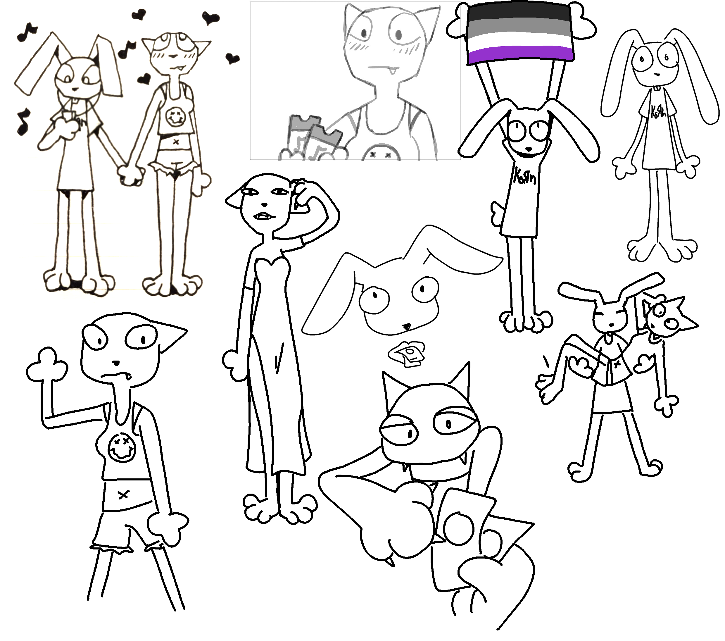 Black and white cartoon illustrations of various characters, including a girl with long hair wearing a dress, a boy with glasses holding a drink, a cat character, a dog lying down, and other animals and beings, all in playful and whimsical poses.