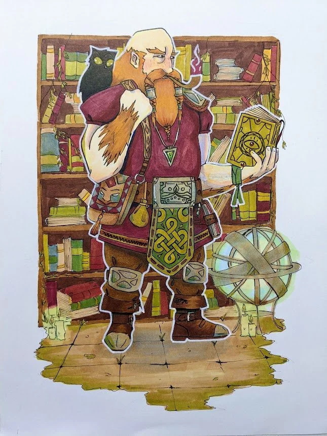 A adventurer with a beard, long hair, and fantasy attire holding a book with a robotic globe nearby, with a black cat on his shoulder in a library filled with books.
