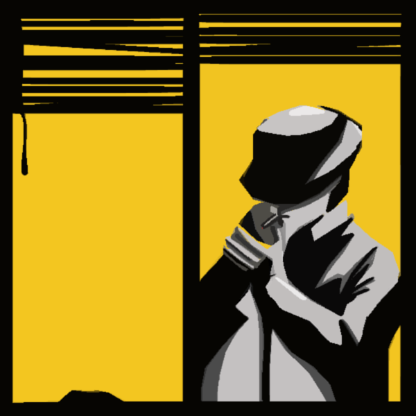 A stylized illustration of a person in close-up, wearing a helmet and a jacket, holding a cigarette or pen, set against a yellow background with black window blinds.