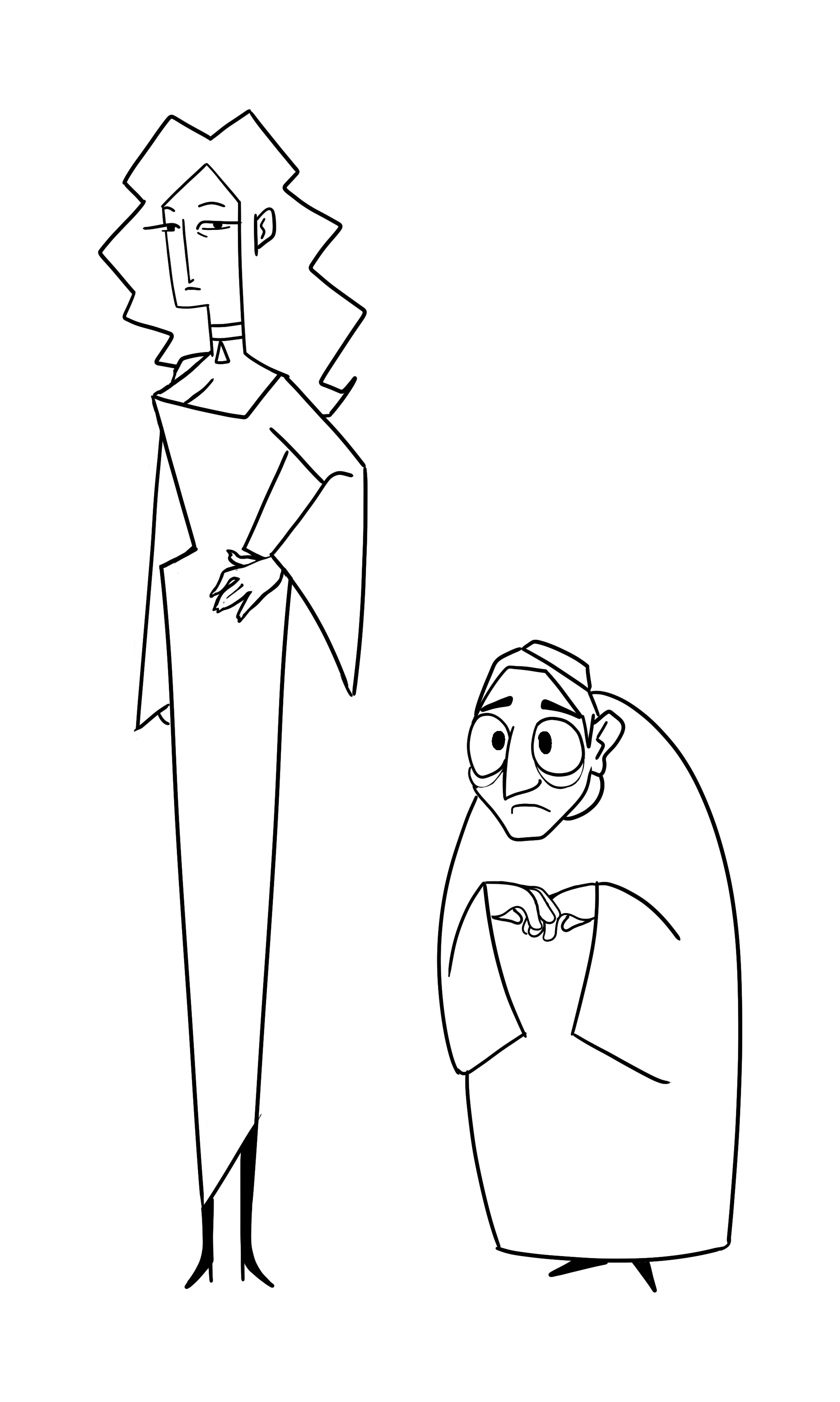 Black and white illustration of two animated characters, a tall woman with wavy hair and a long dress, and a shorter man with glasses and a cap, both with expressive facial expressions.
