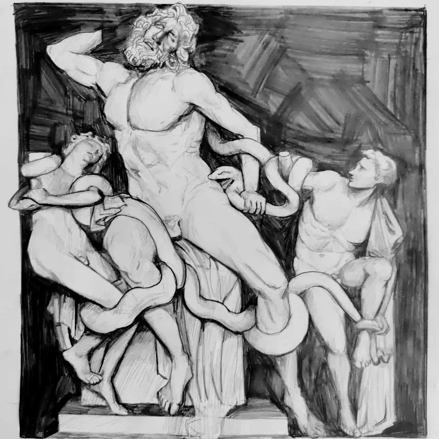 Black and white sketch of a classical mythological scene with a central male figure surrounded by snakes and two other figures, one seated to the left and another to the right, in a dramatic pose.
