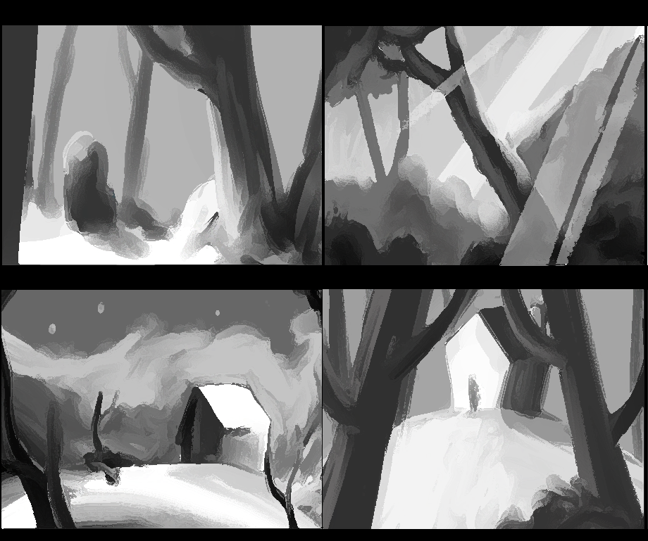 A black and white collage of four panels depicting a lone figure standing in a wooded area with bare trees, a pathway leading to a small house, and a person swinging on a swing.
