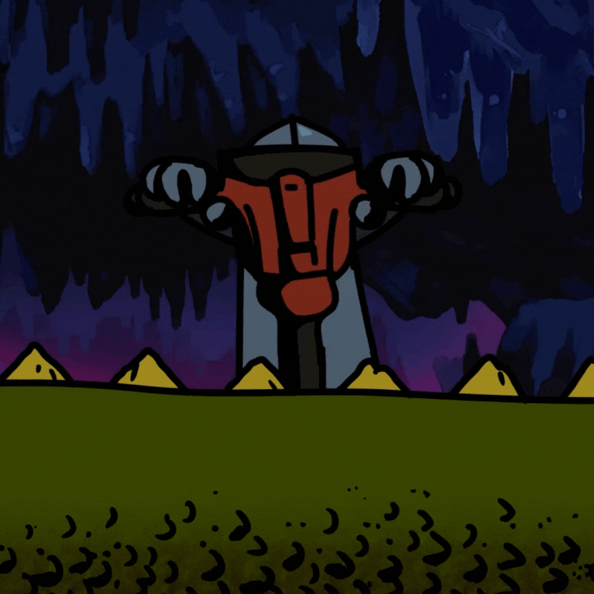 Animated illustration of a dragon with a castle-like head, standing above pyramids against a dark, cave-like background with stalactites.