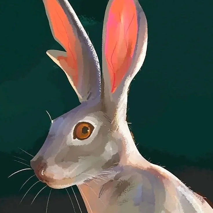Painting of a hare with large ears, orange eyes, and detailed fur against a dark background.