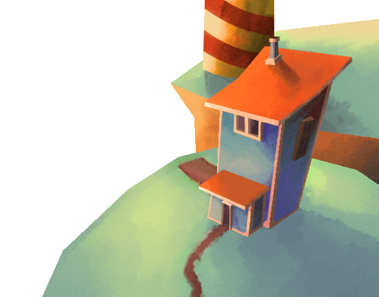 Illustration of a small house with a red roof, blue walls, and a brown front porch, situated on a grassy hill with a large striped tree nearby.