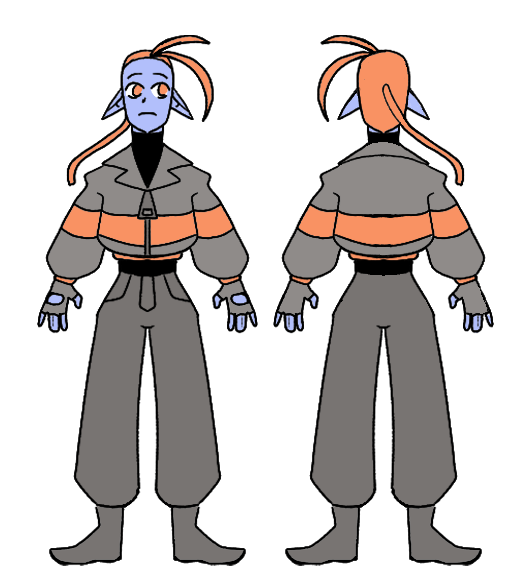 Front and back views of a cartoon character with blue skin, orange hair, elf-like ears, wearing a gray jacket with orange stripes, gray pants, and gloves.