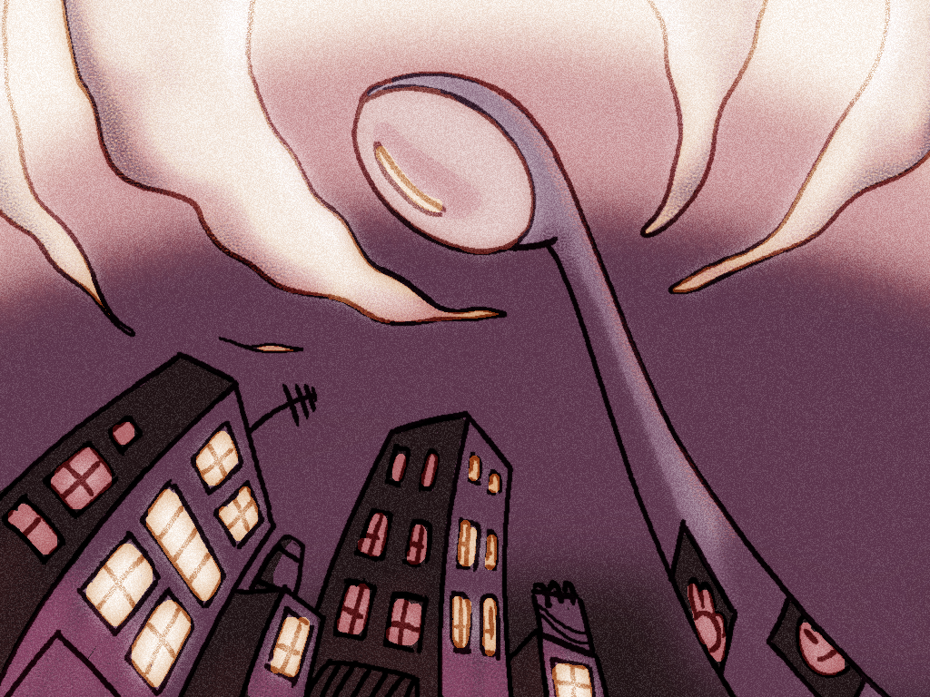 An illustration of a cityscape with tall buildings emitting smoke and a large structure resembling a tower or drill reaching into the sky.