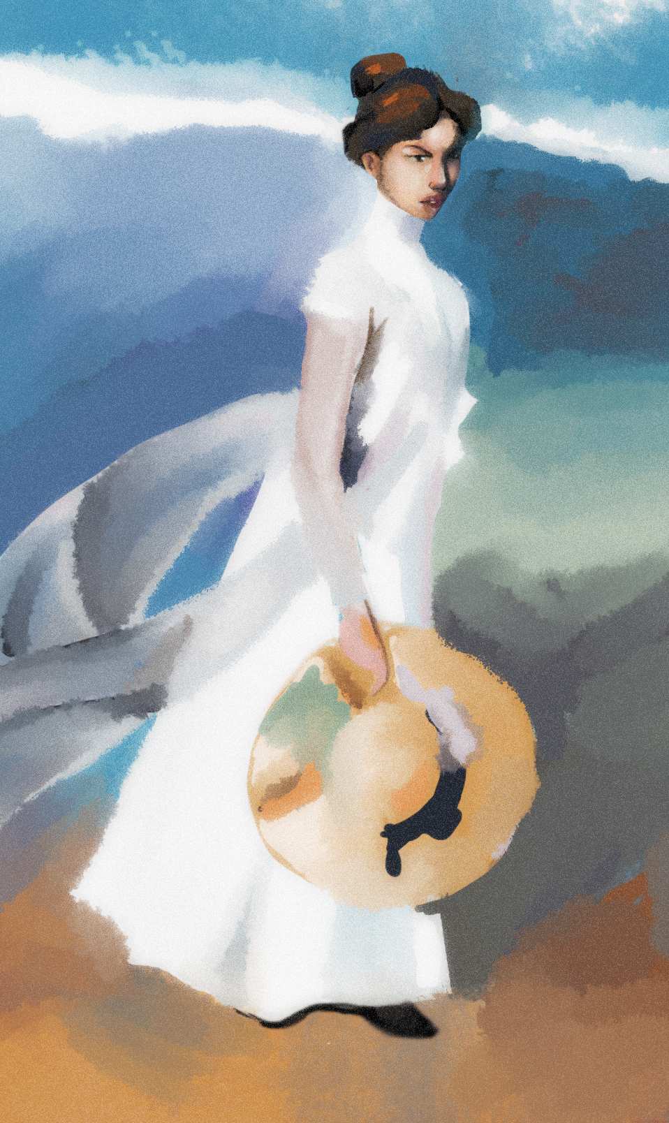 A woman in a white dress holding a round hat, standing outdoors with mountains and sky in the background.